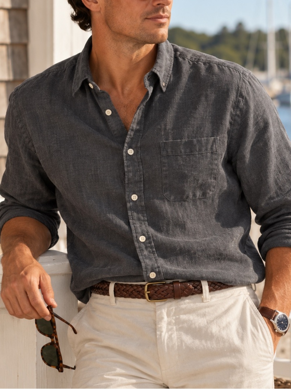 Faherty Laguna Mens Size L Charcoal Grey Long Sleeve Button Up 100% Linen Shirt